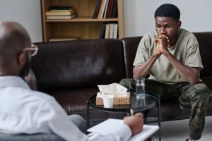 Client speaking with a therapist during a supportive depression therapy session